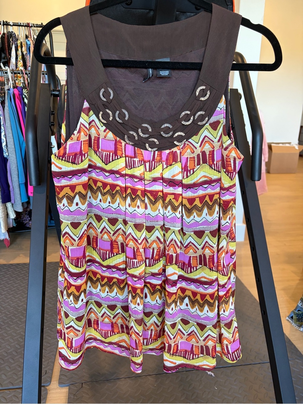 new directions Brown Yoke Multicolor Geometric Tank Top
